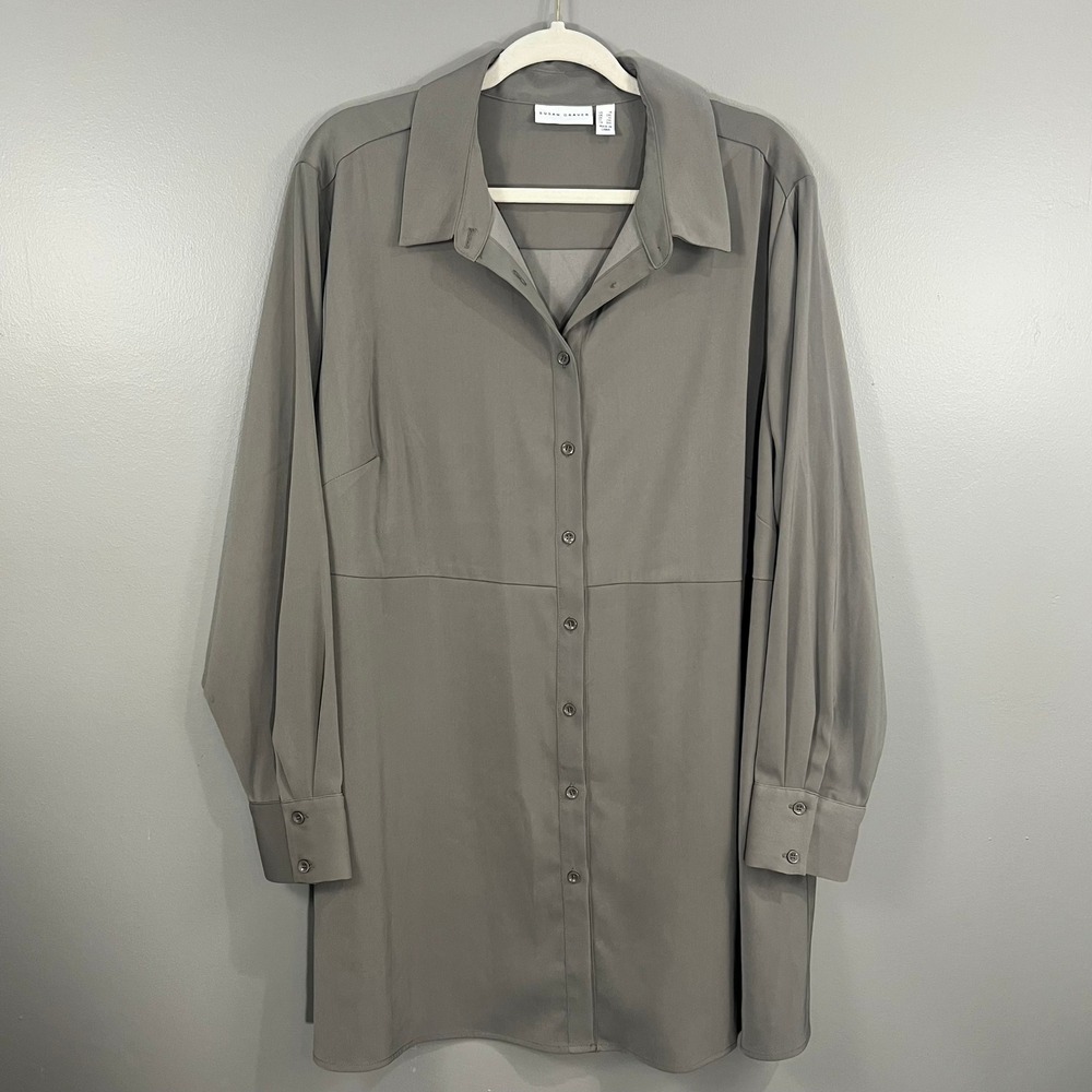Susan Graver Tunic Top Womens 1X Gray Great Long Sleeve Button Down Stretch